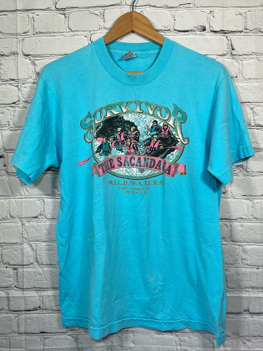 Vintage Sacandaga Lake George White Water Rafting T Shirt Mens Large Aqua USA